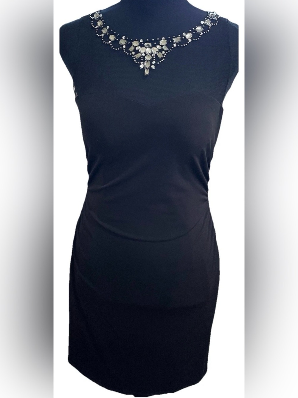 Hailey Logan Adrianna Papell Black Cocktail Dress Jewel Beaded Illusion Mesh M
